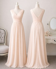 Chiffon V Neck Prom Dress A-Line Bridesmaid Wedding Gown Party Floor Length