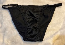 Vtg style Lg Handmade Shiny Jet Black satin string bikini panties Satin Gusset