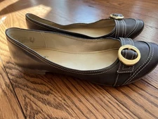 Ladies Dexter Flat Shoes Brown With Gold Buckle Design Size 9