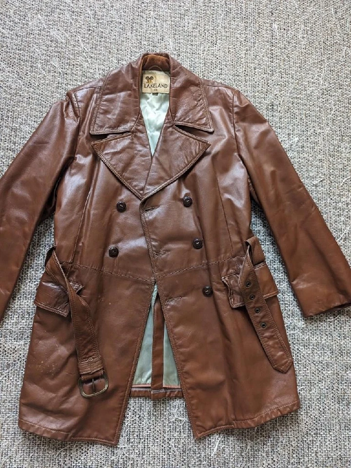 vintage USA made TRENCH COAT brown leather 44 barnstromer BELTED lakeland M - Image 3 of 4