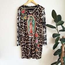 Ed Hardy Cheetah Print Mesh Bodycon Dress Womens 2X Tattoo Logo Y2K 90s Sheer