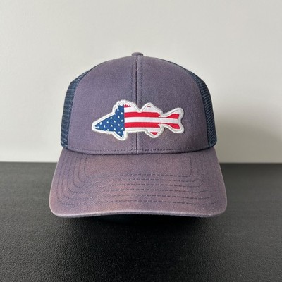 Simms Fishing Trucker Hat Cap Snap Back Adjustable Faded Navy Blue Trout Patch