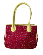 VTG MCM ALYNN Handbag w/Golfclub Print Yellow Faux Leather -Red Fabric Golfing