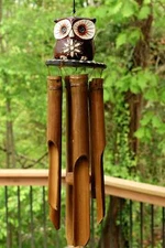 Handmade Wooden Mini Owl Bamboo Wind Chime Wood Statue Hoot Patio Garden Outdoor