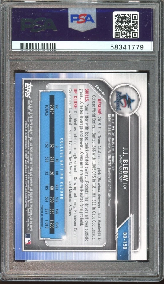J.J. BLEDAY 2019 Bowman Draft 1ST BOWMAN RC #BD-150! PSA GEM MINT 10! INVEST NOW - Image 2 of 2