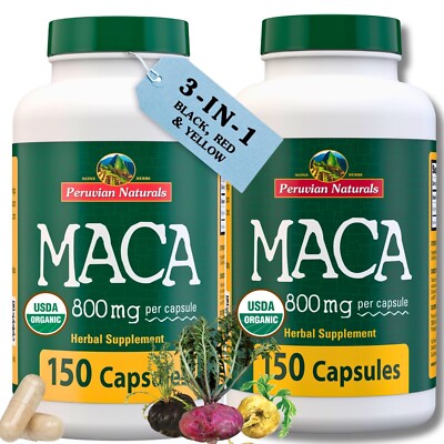 2 Organic Black Red Yellow Maca Root Capsules 300 for Women & Men 800mg - Peru