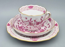 Meissen Porzellan 3-tlg. Mokka Gedeck, Indisch Purpur reich Blüten, 1. Wahl rar