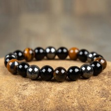 Natural 10mm Tiger's Eye Obsidian Hematite Beaded Bracelet for Strength Peace