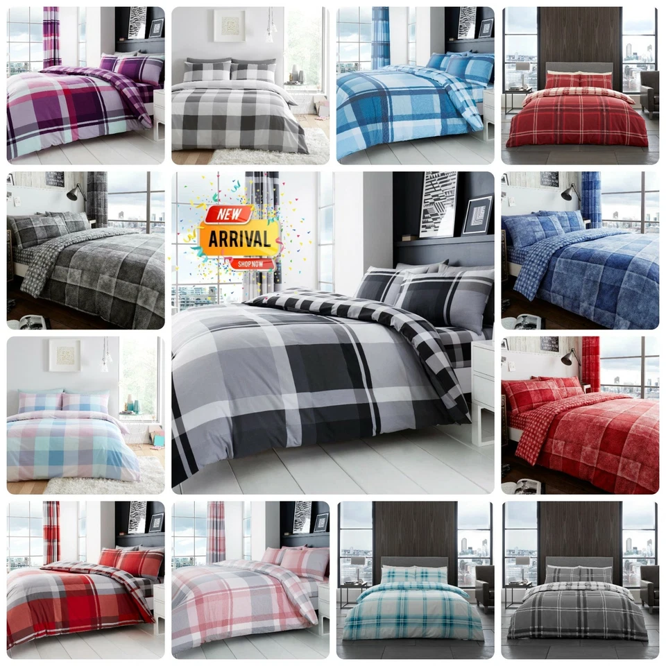 DUVET COVER SET Check Reversible Quilt Bedding Single Double Super King Size - Image 1 of 4