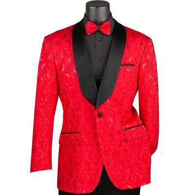 VINCI Men's Red Floral Jacquard Shawl Collar Tuxedo Jacket w/ Bow Tie NEW 
