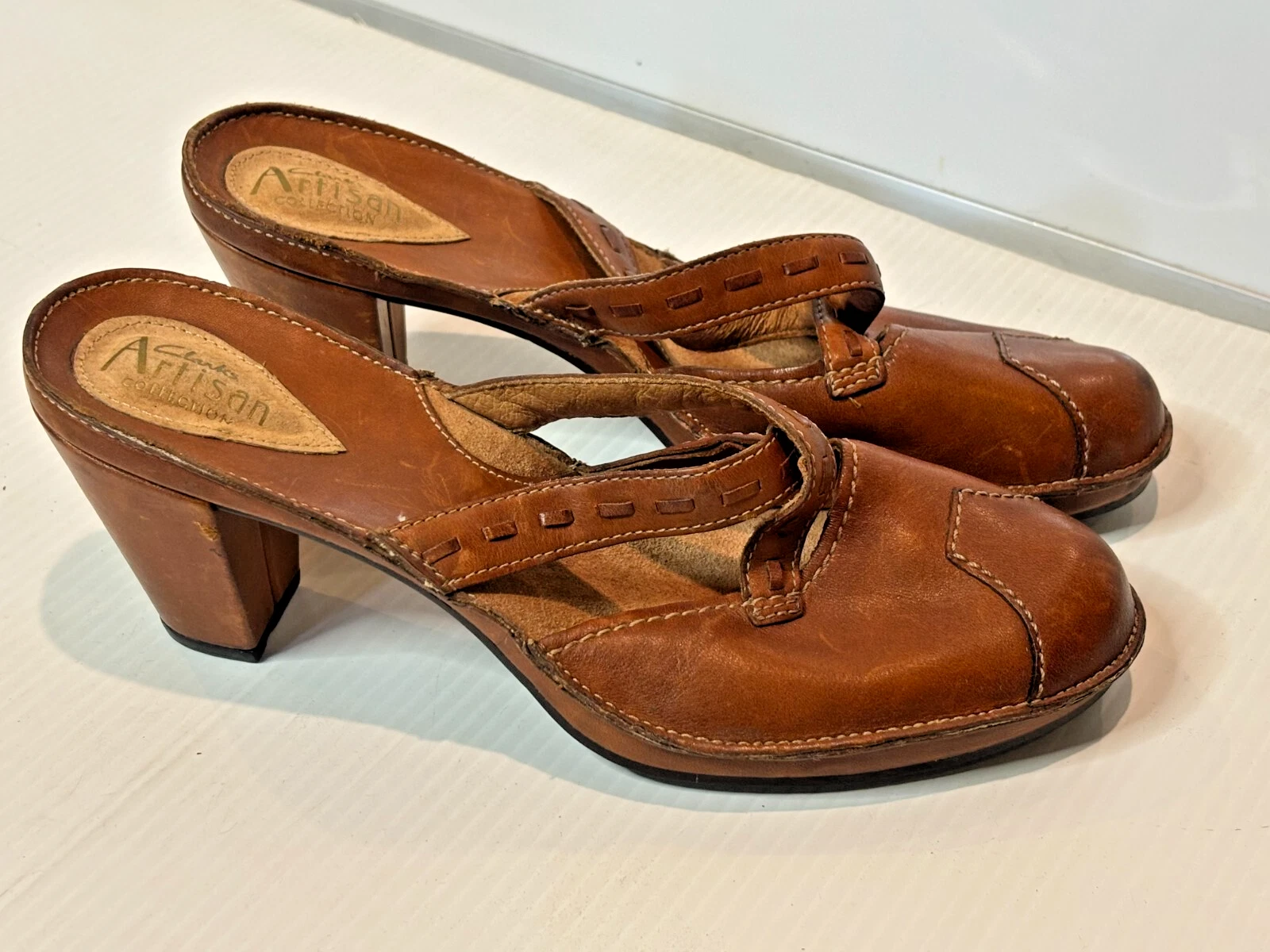 Scarpe Clarks Artigianali Marrone Pelle Mary Janes Legno Tacchi Slides Mules Sandali 8