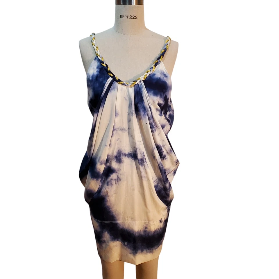Guess By Marciano Blue, Gold Rope Cloud Tapered Silk Cocktail Dress Size M New - Image 2 of 4