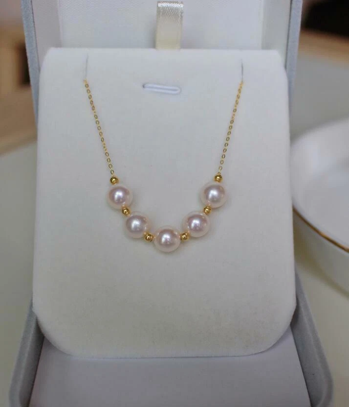 Precioso collar de perlas redondas blancas Akoya naturales reales AAA+ 6-7 mm de oro de 14 k de 18" Foto 2 de 4