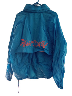 Vintage Reebok Jacket spellout logo Jacket aqua blue/neon Hooded windbreaker L