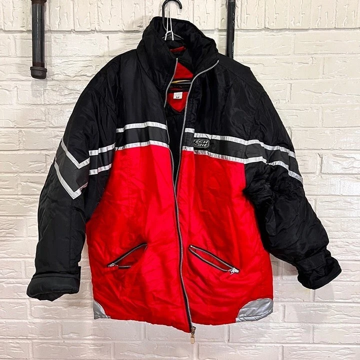 Cyquest Puffer Jacket Mens Medium Black Red Silver Full Zip with Pockets