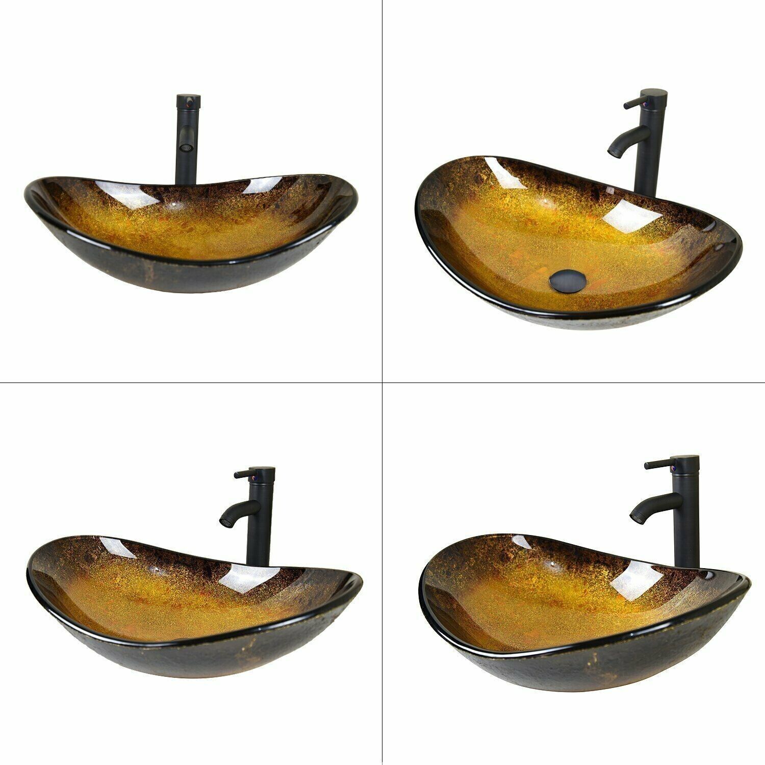 Waschbecken Aufsatzwaschbecken Waschschale Waschtisch Glas Oval Bad Schwarz Gelb