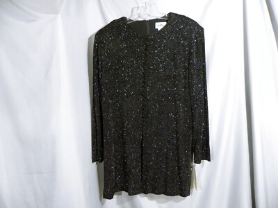 NEW Vintage Black Sparkle J.B.S. Ltd Women Blouse Zipper Back Button Accent BOHO