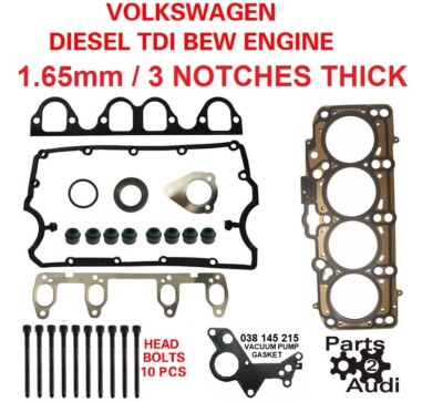 Cylinder Head Gasket Set W Bolts VW TDI Diesel 1.9 BEW Eng. 3 NOTCH 038103383DG