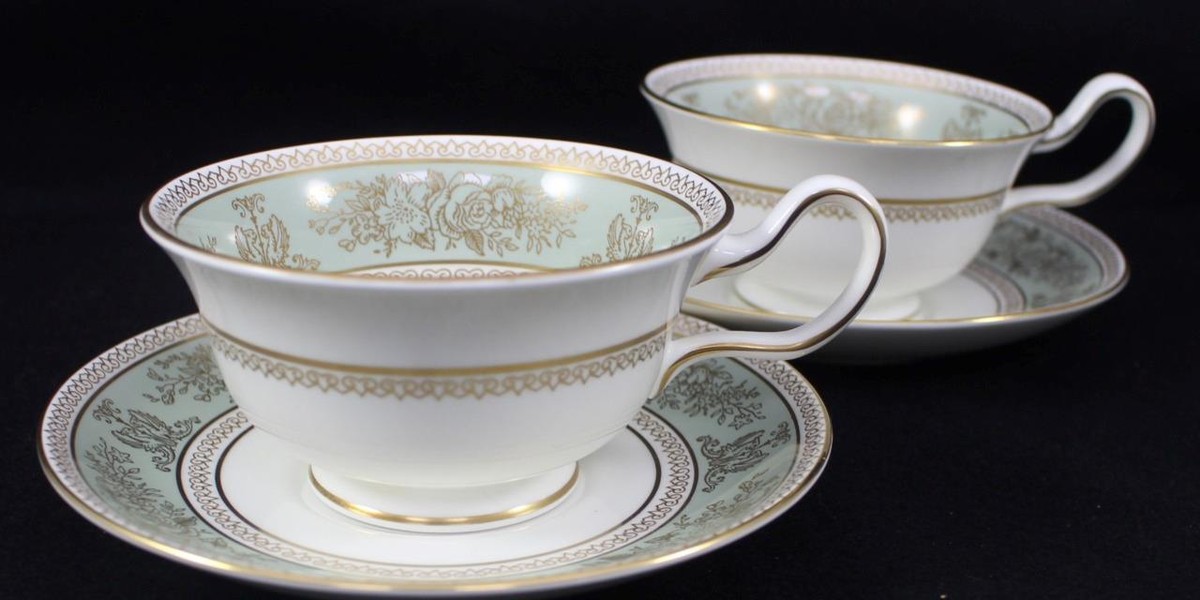 Wedgwood Columbia Sage Green Rim Two Cup and Saucer Sets Peony 