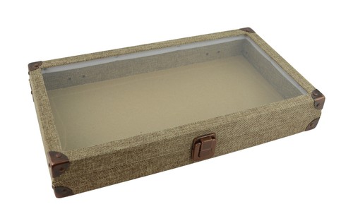 Display Burlap Case Glass Lid With Choice Of Red Flocked Compartment Insert - Picture 22 of 40