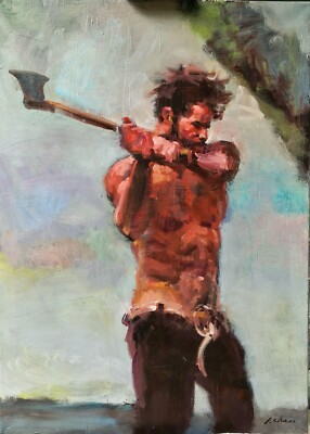 ''Wikinger-Mann, der einen Baum schneidet''50x70cm Öl auf Leinwand