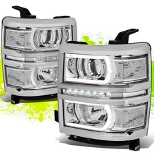 LED DRL U-Strip Projector Headlights for Chevy Silverado 14-15 Chrome Clear Pair