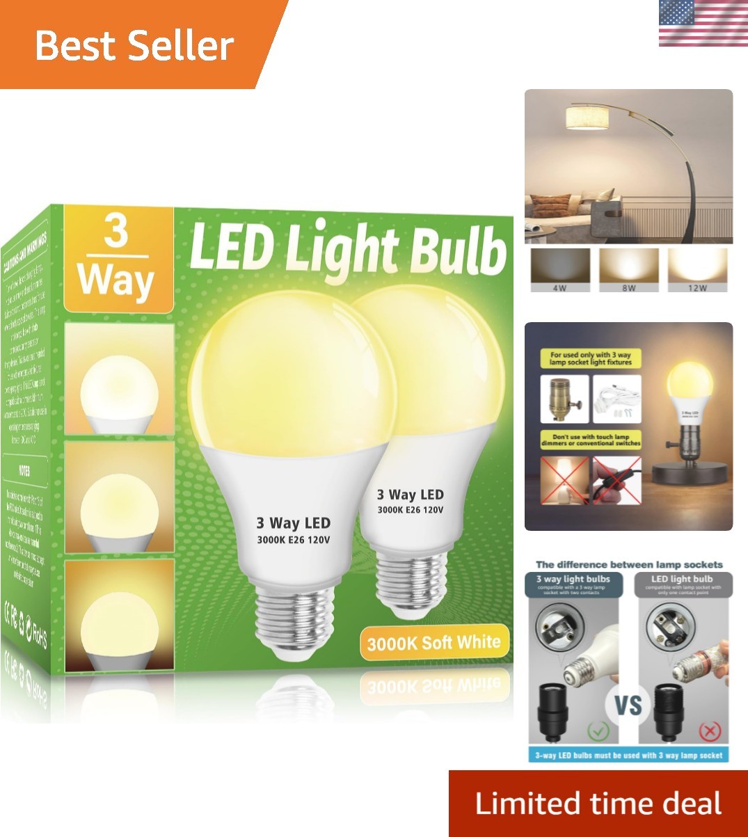 2 Pack, 3 Way Light Bulbs 30 70 100 Soft White 3000k,e2...