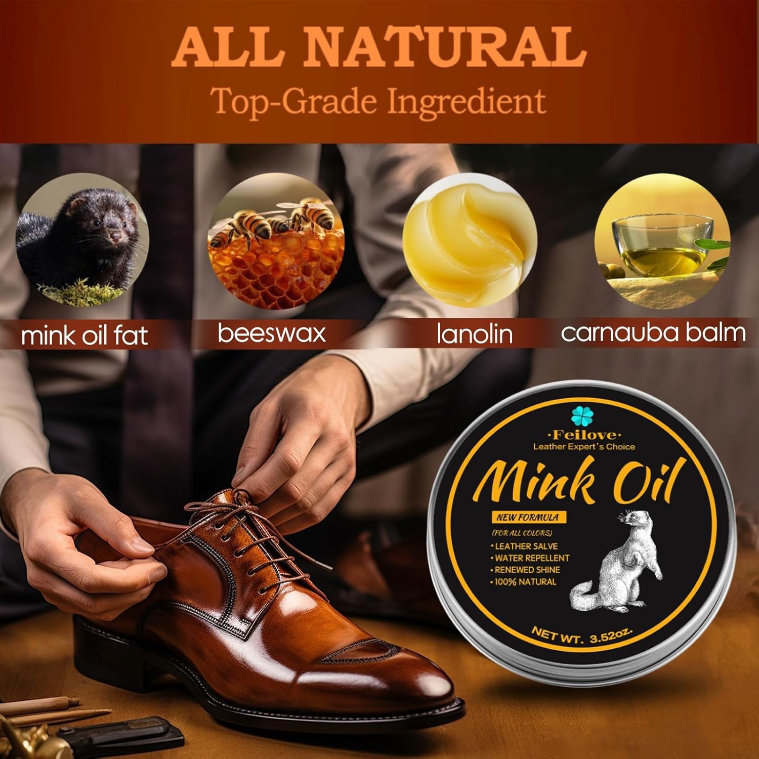 4-in-1 Mink Oil Leather Conditioner and Cleaner 3.52 oz - Premium Waterproof
