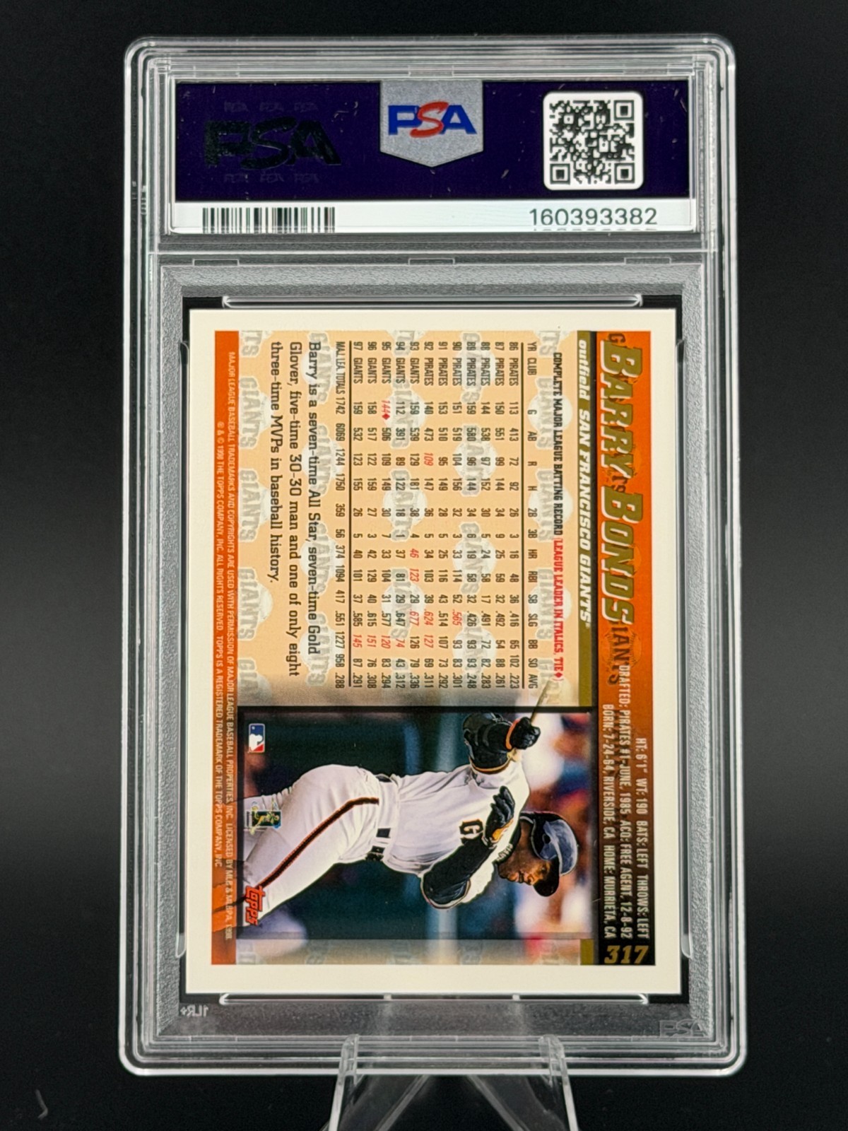 1998 Topps Barry Bonds #317 - PSA 10 GEM MINT view 2