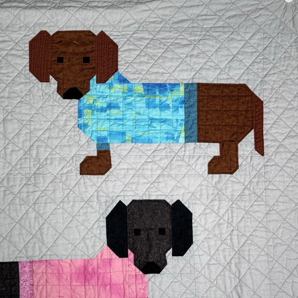 Vintage Handmade Weiner Dog Dachshund Patchwork Quilt 43” X 57” Colorful - Image 2 of 4
