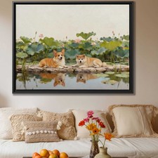 Dog Artwork Corgi Canvas Print Floral Still Life Oil Painting Living Room Decor