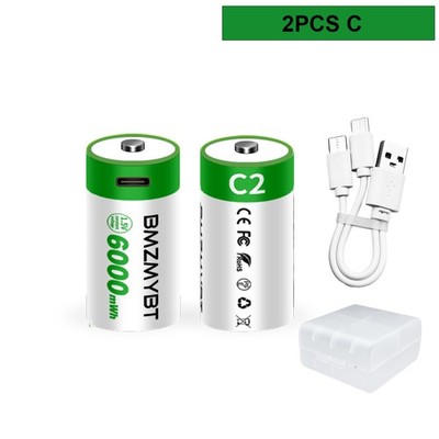 2pcs C Rechargeable Battery C Batteries USB/Type-C 1.5V 4000mAh 6000mWh