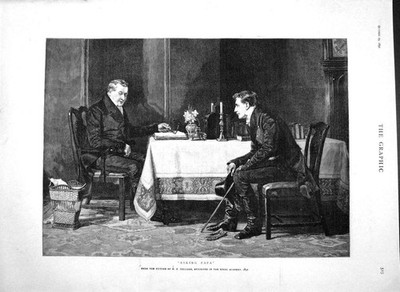 Alter antiker Druck 1892 Fragender Papa junger Mann Papa Tisch Puppenmann Fine Art 19.
