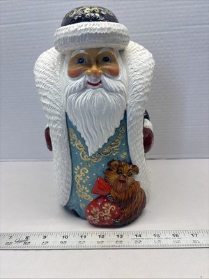 Russian Hand Carved Santa Claus Wooden Grandfather Frost 11 1/2 Painted  Signed