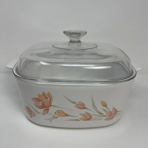 Corning Ware Peach Floral 5 Liter A-5-B Casserole Dish Pyrex Lid A12C Vintage
