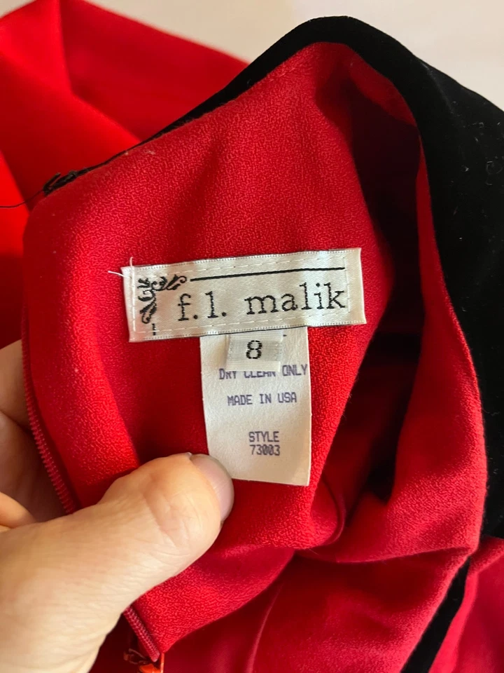 Vintage 90s F.L. Malik Size 8 Red Dress Black Velvet Collar Old Money Holiday - Image 2 of 4