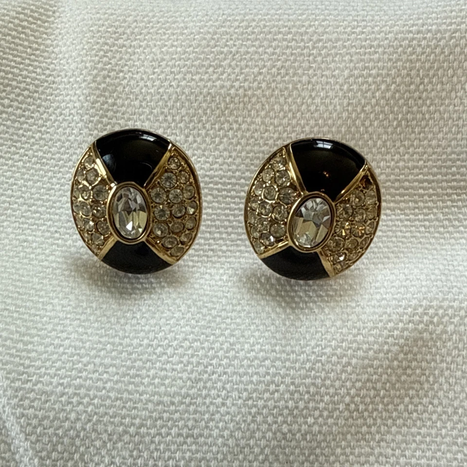Swarovski Gold Plated Stud Earrings With Oval Center Stone, Pave/Black Accents - Image 2 of 4