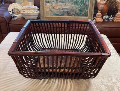 20.25 w x 9.25 h vintag Large Asian Style Bamboo Rattan Square Basket Hand Woven
