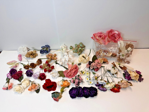 Lot of 59 assorted Vintage Fabric Millinery Flowers and Corsages