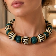 Gold Black Green Chunky Beaded Choker Necklace Metal Resin Bohemian Statement