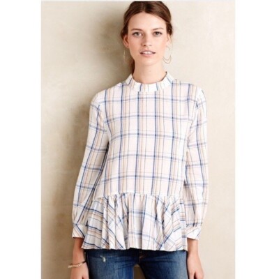 Anthropologie Maeve Sava Plaid Mock Neck Peplum Swing Top Women's Size 8