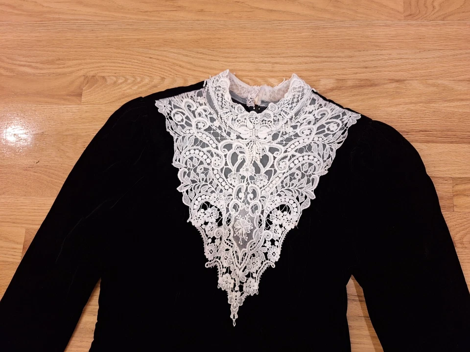 Vintage Puff Sleeve Velvet Long Black White Lace Bodice Trim Formal High Neck L - Image 2 of 4