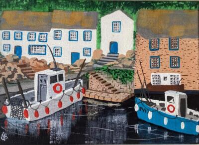 Polperro Boote Naive Original Northern Ölgemälde auf Leinwand Chris Smith A4