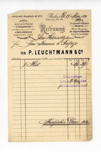 Rechnung Berlin P. Leuchtmann Fabrik für künstliche Pflanzen 17.3.1894