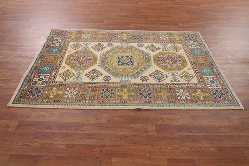 Ivory Geometric Super Kazak Oriental Hand-knotted Area Rug Wool Carpet 4x6 ft. - Picture 9 of 12