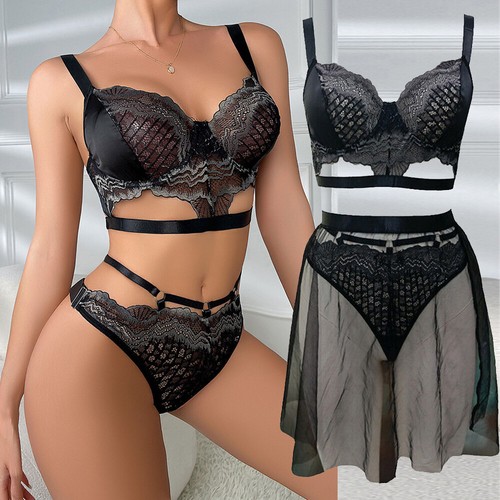 Ensemble lingerie sexy femme 3 pièces soutien-gorge en dentelle florale poupée bébé + culotte + maille mini-jupe - Photo 1 sur 16