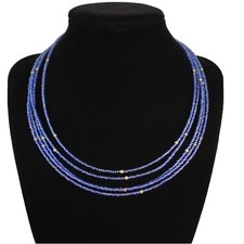 Blue Peacock Glass Seed Bead Multi Strand Necklace Silvertone 15.5 -18.5 Wire