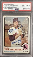Carl Yastrzemski Signed 1973 Topps #245 Card Red Sox HOF Inscr PSA/DNA Auto 10