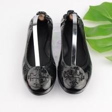 Tory Burch Womens Reva Ballet Flat Size 8 Black Patent Logo Slip On Travel Shoe