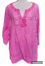 Susan Bristol Embroidered Linen Tunic Pink Plus Size 1X Boho Hippie